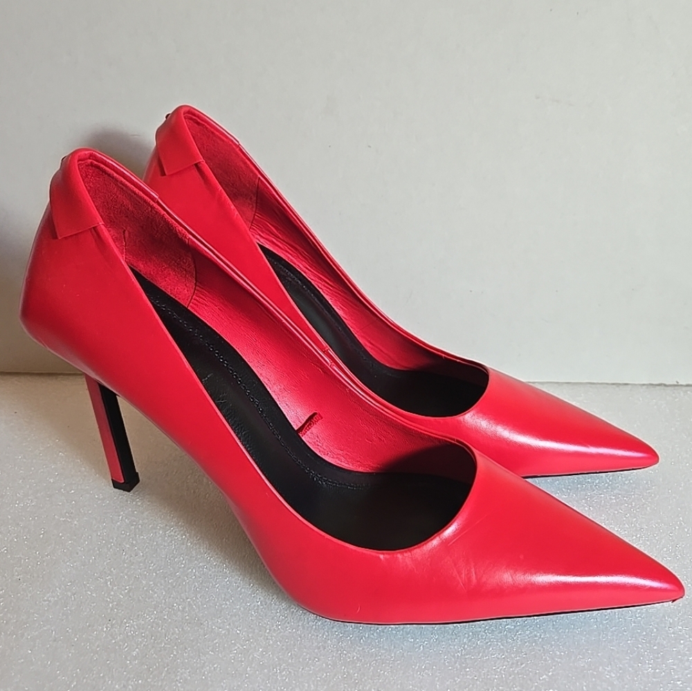 NEW Zara Womens Red Leather 4.25" High Heels Stilettos Red Pointed Shoes 41 10